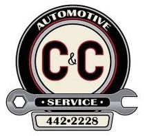 Automotive repair logo with "C & C" in dark red, wrench, phone number.