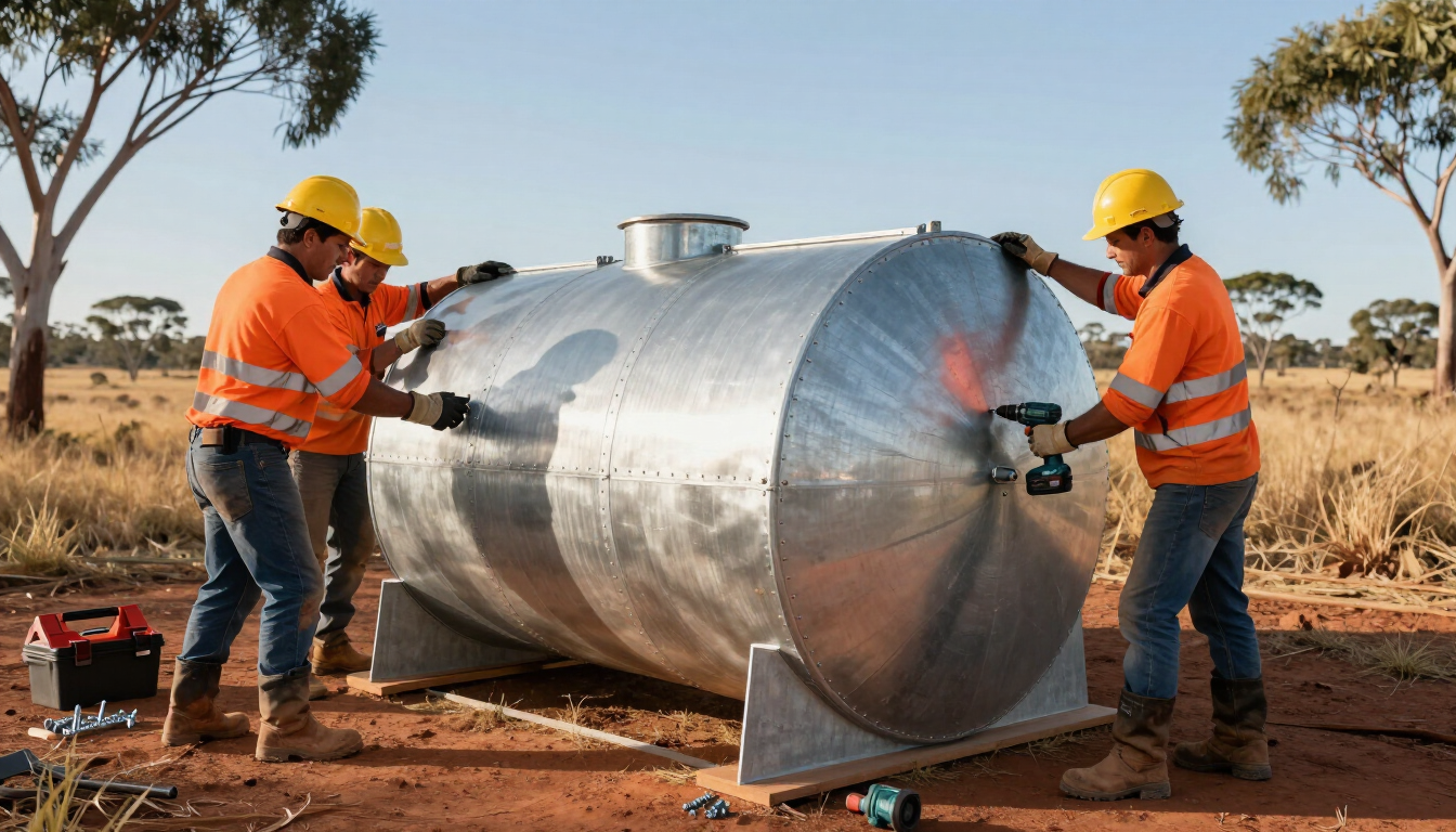 Galvanised steel water tank being installed