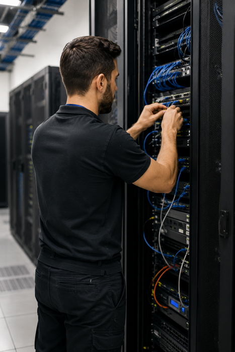 Technician adjusting cables in a server rack inside a data center
