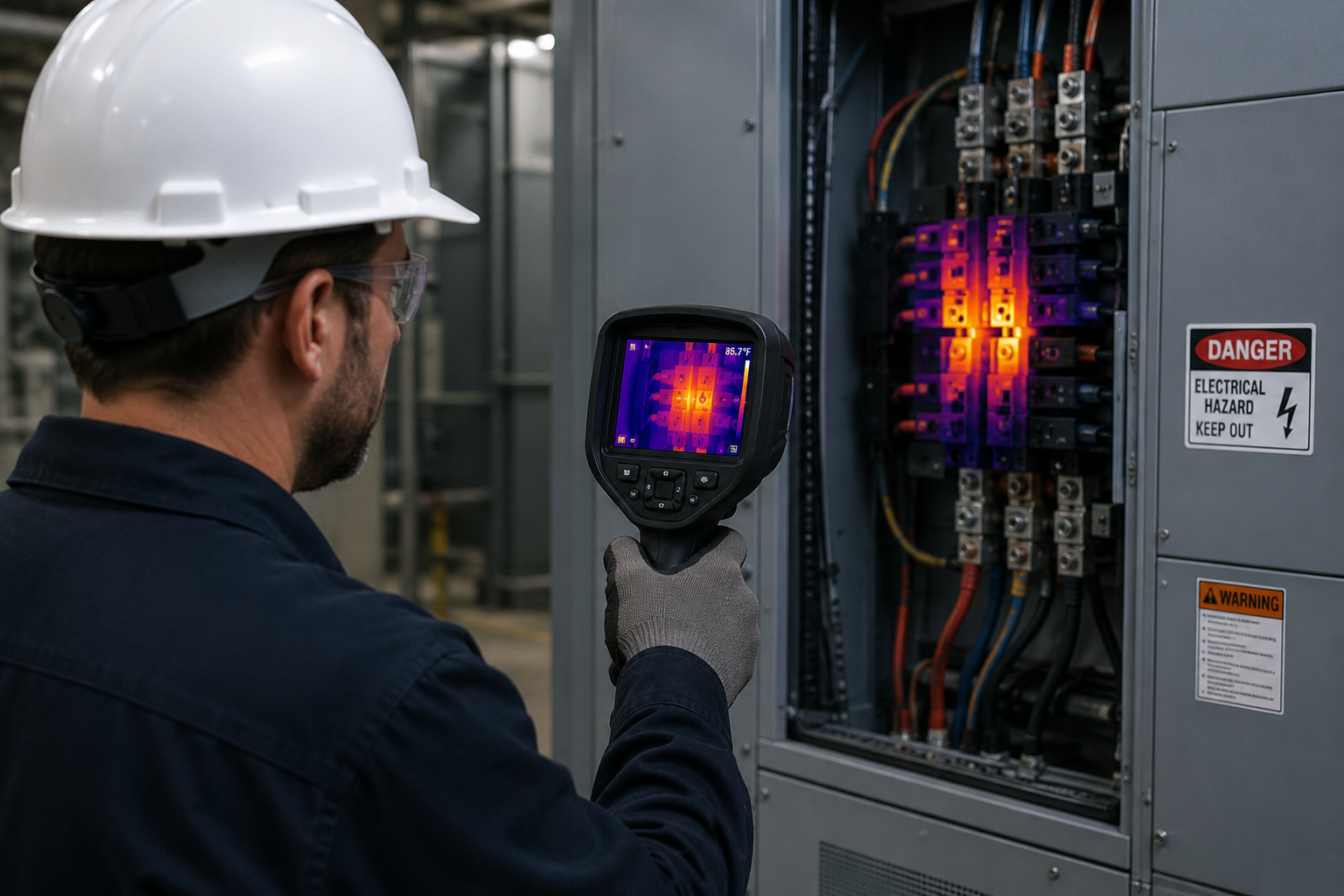 Technician inspecting an electrical panel with a thermal camera, showing a hot spot on the wiring