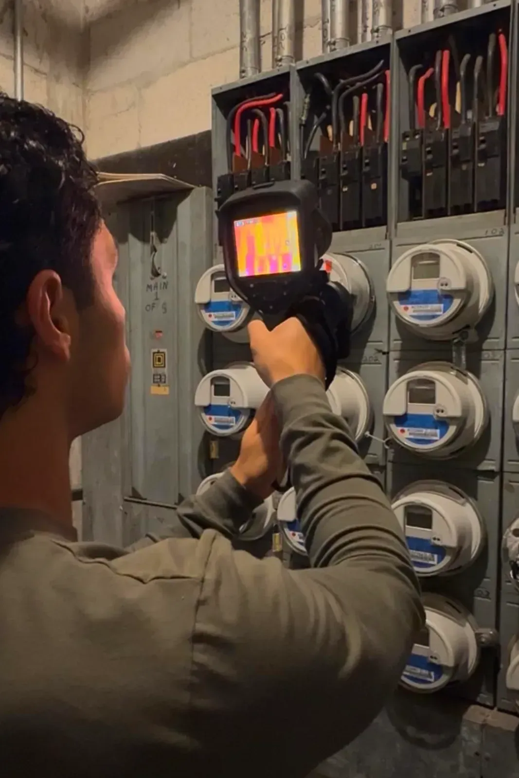 Technician inspecting electrical meters with a thermal camera in a utility panel area