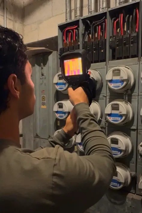 Technician using a thermal camera to inspect electrical meter panels and wiring in a utility room