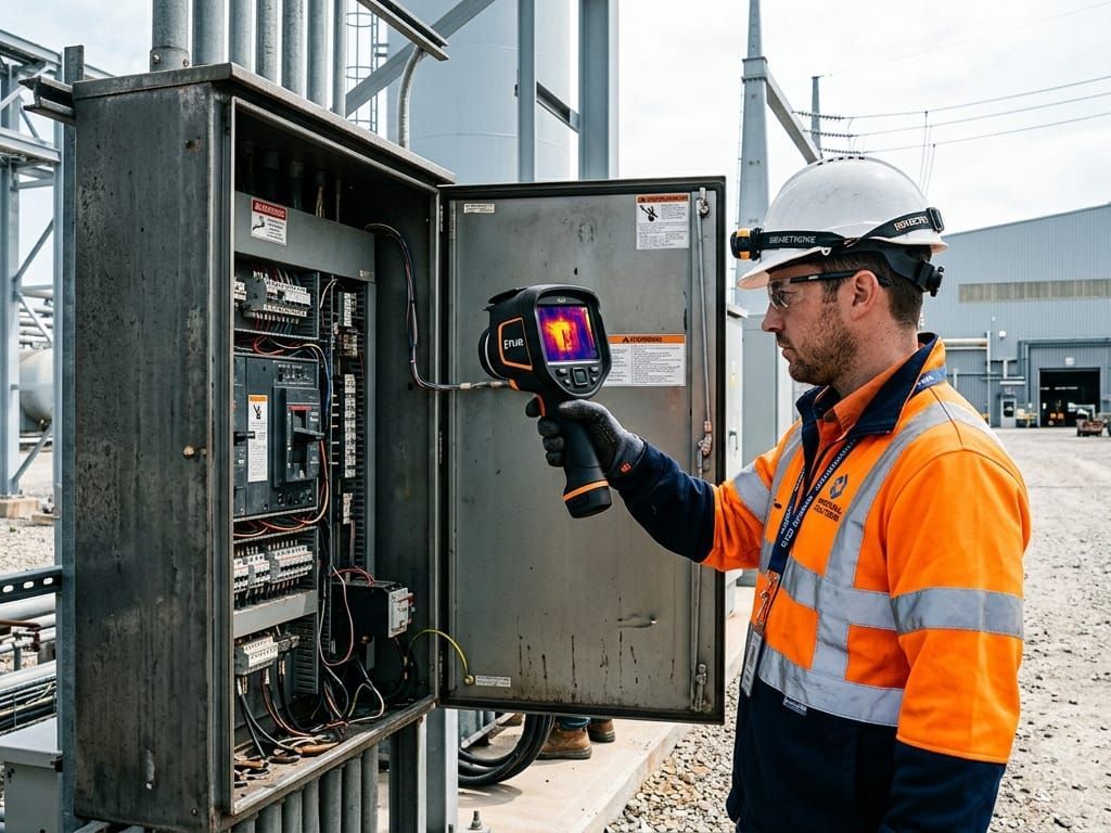 Technician in orange vest using thermal camera to inspect an open electrical control cabinet outdoors