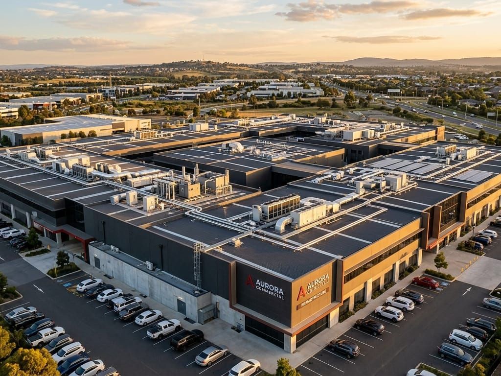 Aerial view of a large modern shopping center parking lot at sunset.