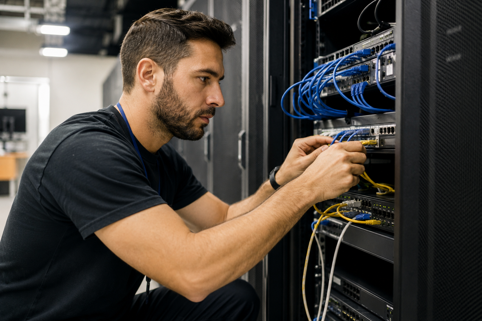 Technician working on network cables in a server rack room
