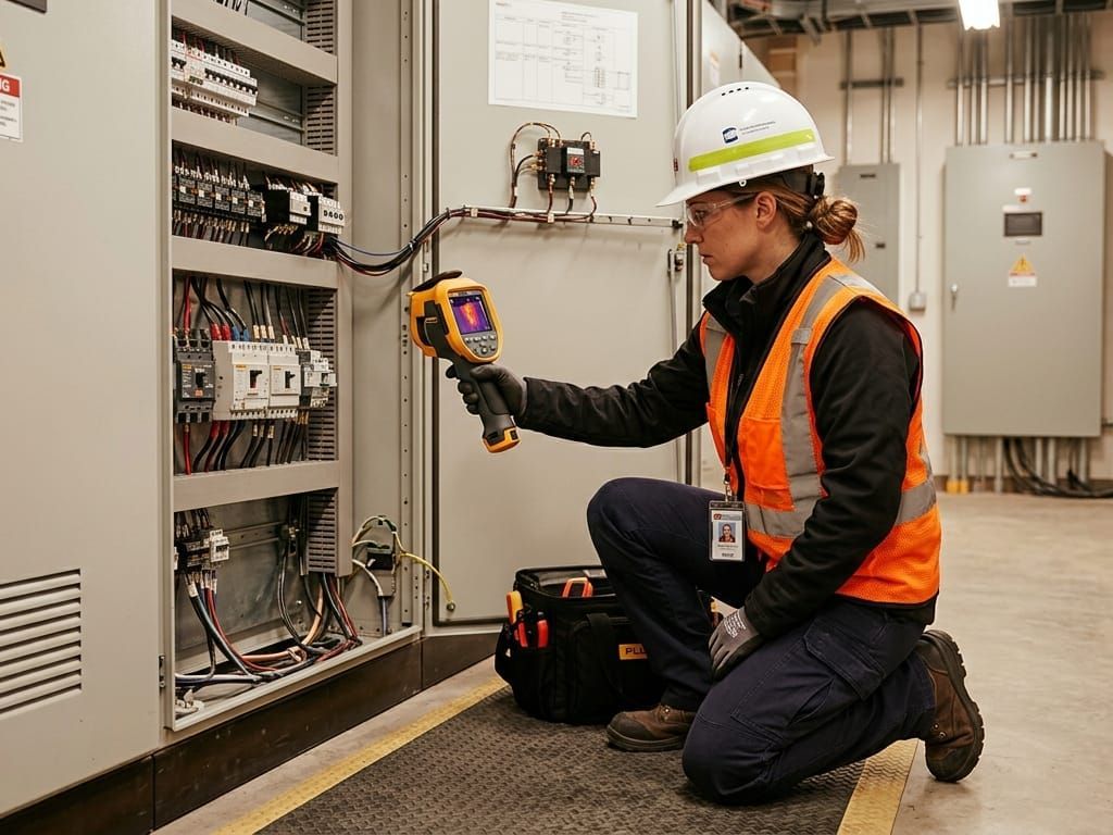 Technician kneeling by an electrical panel, using a thermal camera in an industrial room.