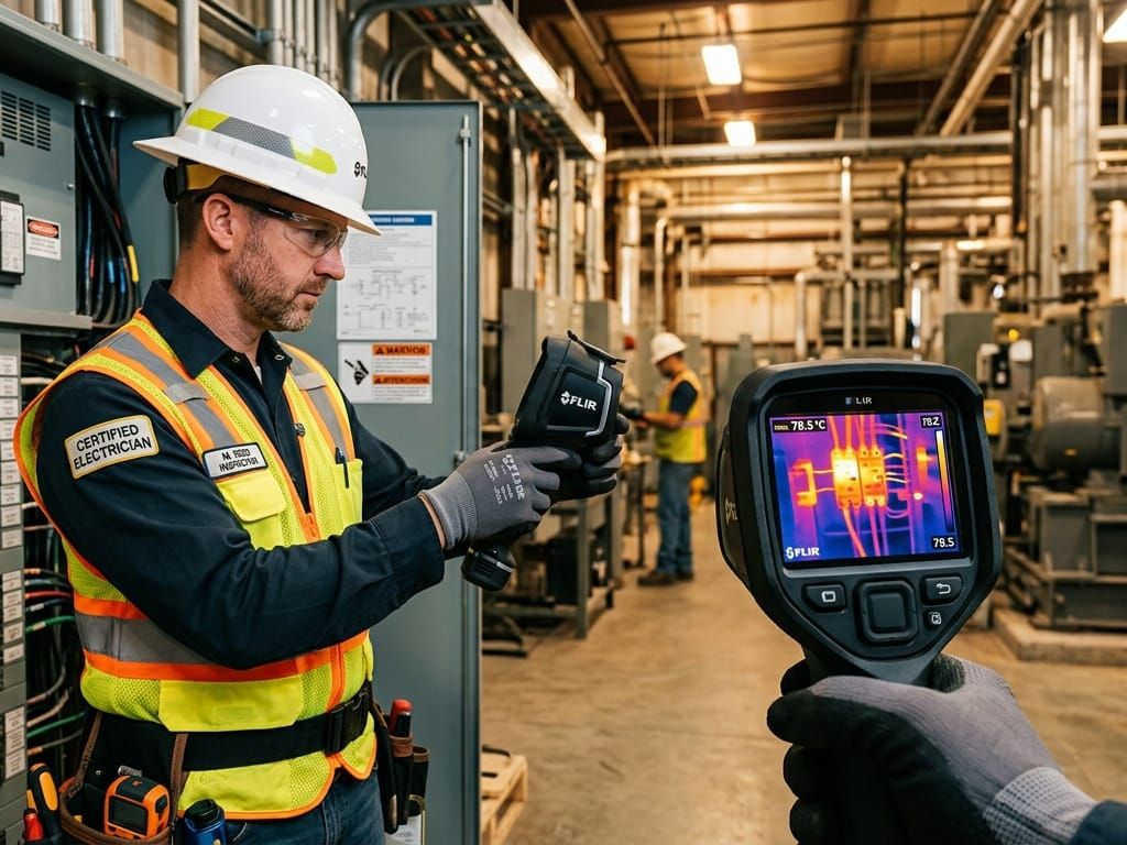 Worker in safety gear using a thermal camera to inspect equipment in an industrial facility