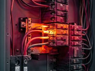 Glowing Ethernet cables plugged into a network switch inside a server rack, lit by red and orange light
