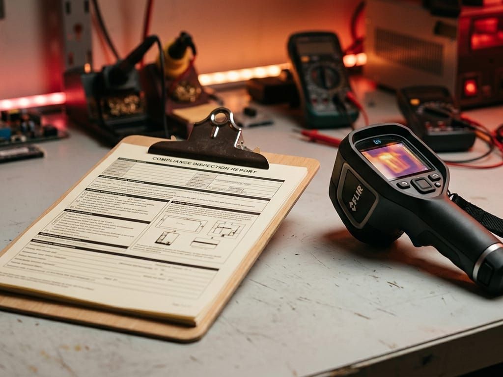 Clipboard with a checklist beside a handheld thermal camera on a workbench with cables and tools