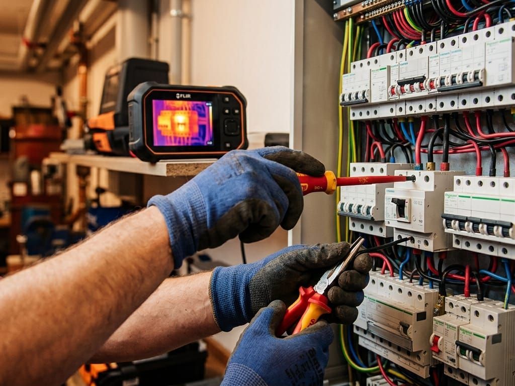 Technician testing wiring in an electrical control panel with a multimeter and thermal camera display