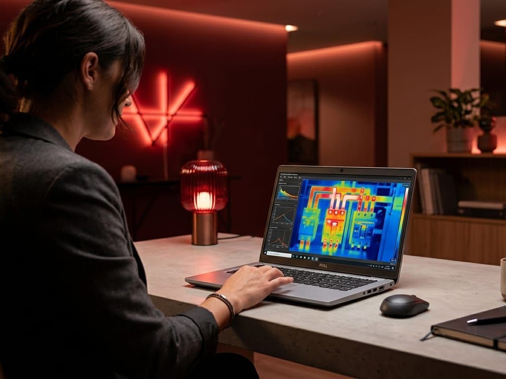 Person working on a laptop with a thermal map on the screen in a red-lit office.