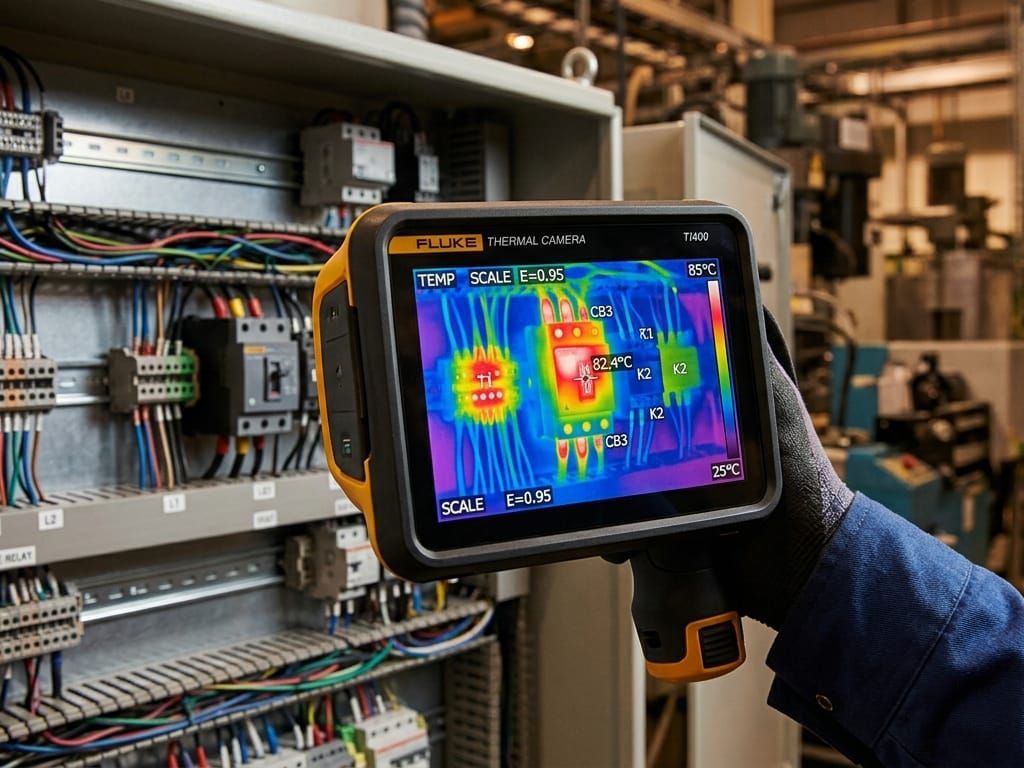 Thermal camera inspecting electrical panel, showing heat map on a handheld screen