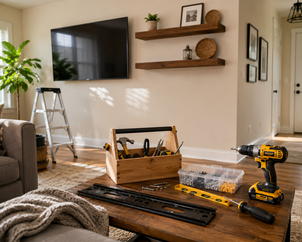 Living room with TV, shelves, tools on a table, and a drill, suggesting a DIY project in progress