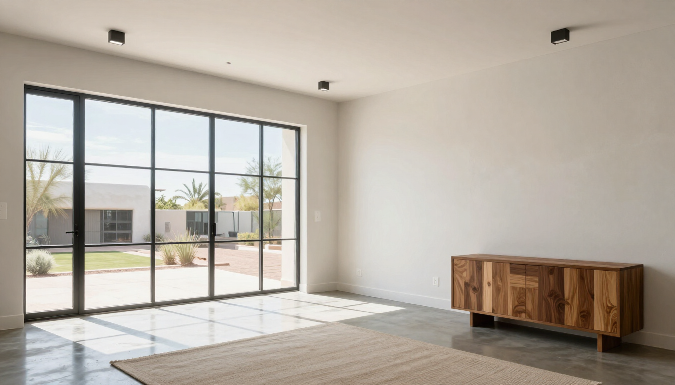 Bright empty living room with large sliding glass doors, wood floor, and a low wooden sideboard