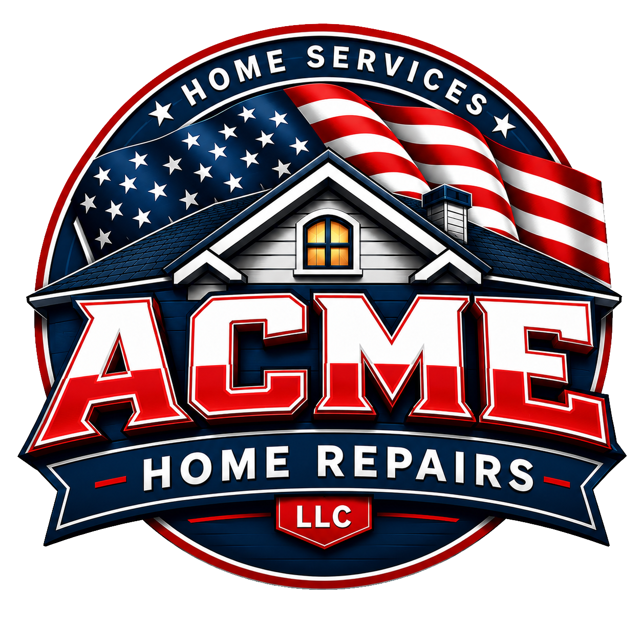 ACME Home Repairs logo with red, white, and blue house, stars, and U.S. flag