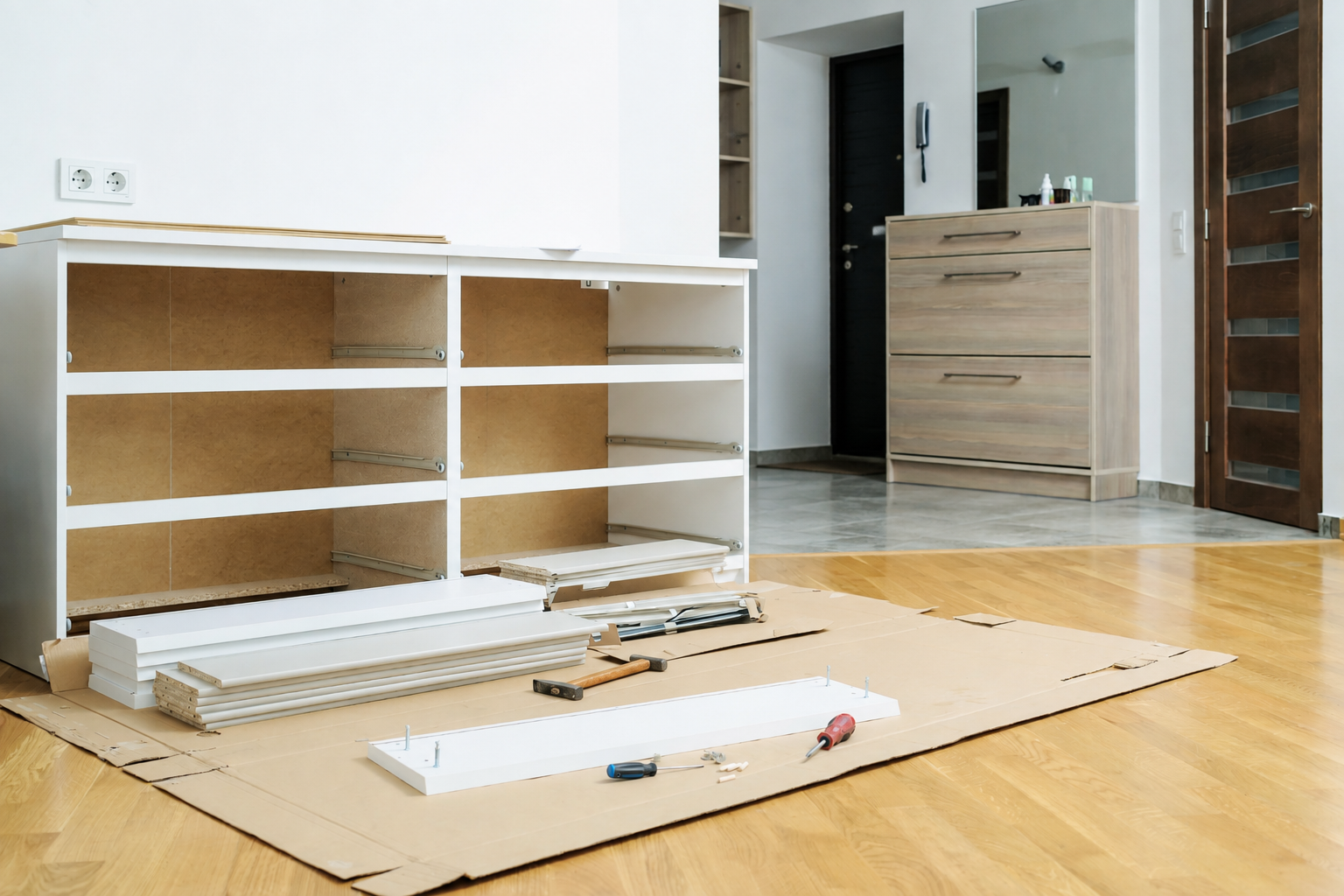 Flat-pack white shelving unit being assembled on cardboard in a bright room with a dresser in the background