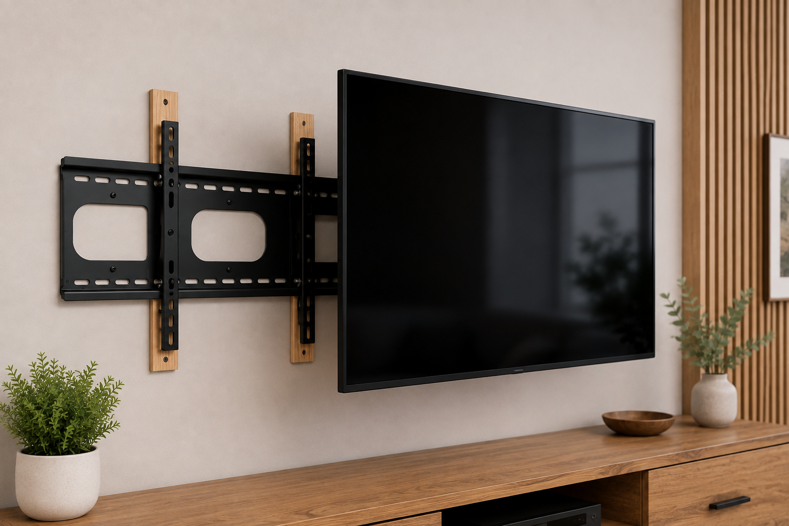 Wall-mounted TV on a living room wall above a wooden console, with a TV bracket visible to the left.
