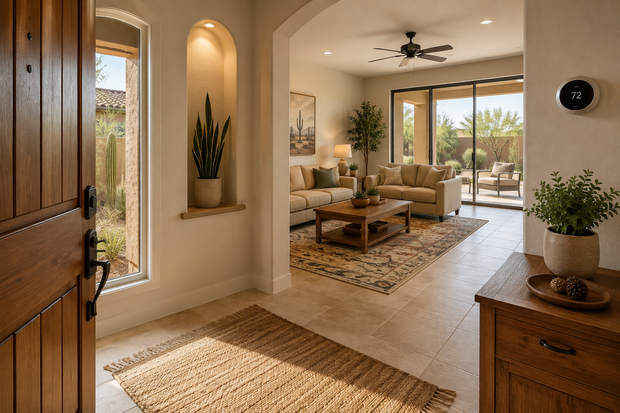 Bright entryway opening to a sunlit living room with beige furniture and a sliding glass door