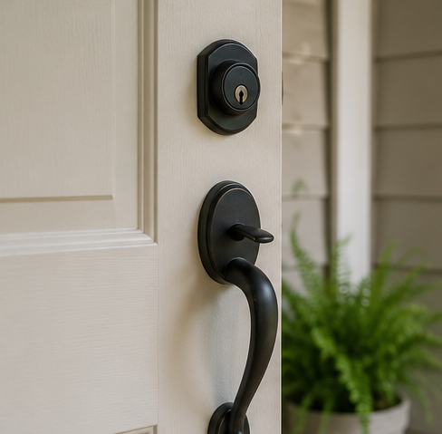 Close-up of a cream front door with black handle, lock, and a blurred green plant in the background