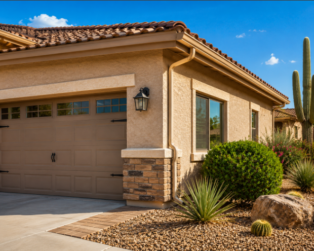 Stucco house exterior with tan garage, desert landscaping, and a clear blue sky