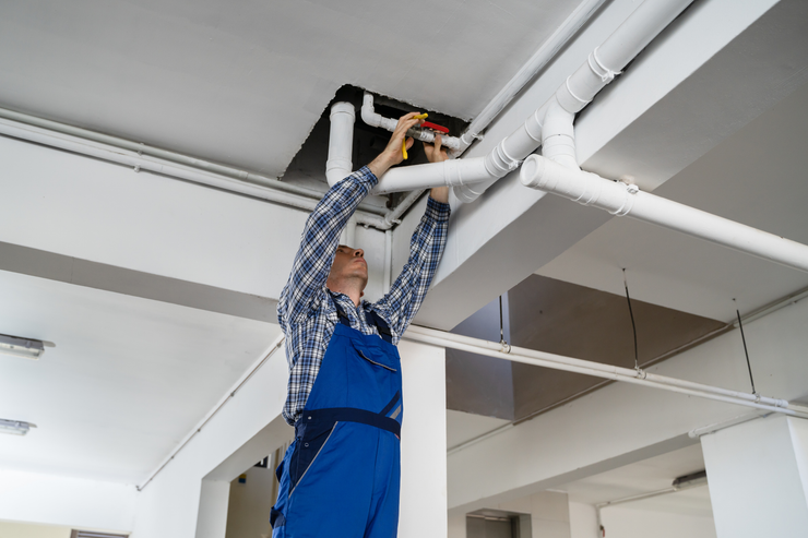 Worker in blue overalls repairing ceiling pipes indoors