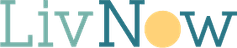 A logo for liv now with a yellow circle in the middle.