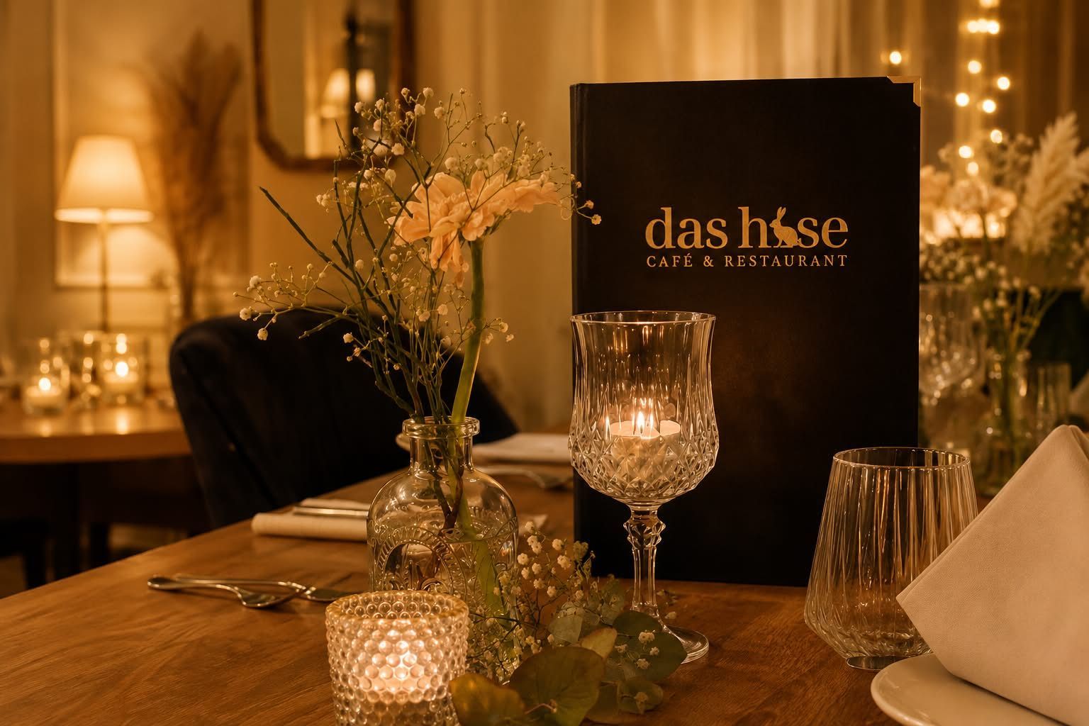 Ein eleganter, kerzenbeleuchteter Esstisch mit Gläsern, Blumen und einer dunklen Speisekarte in einem gemütlichen Restaurantambiente