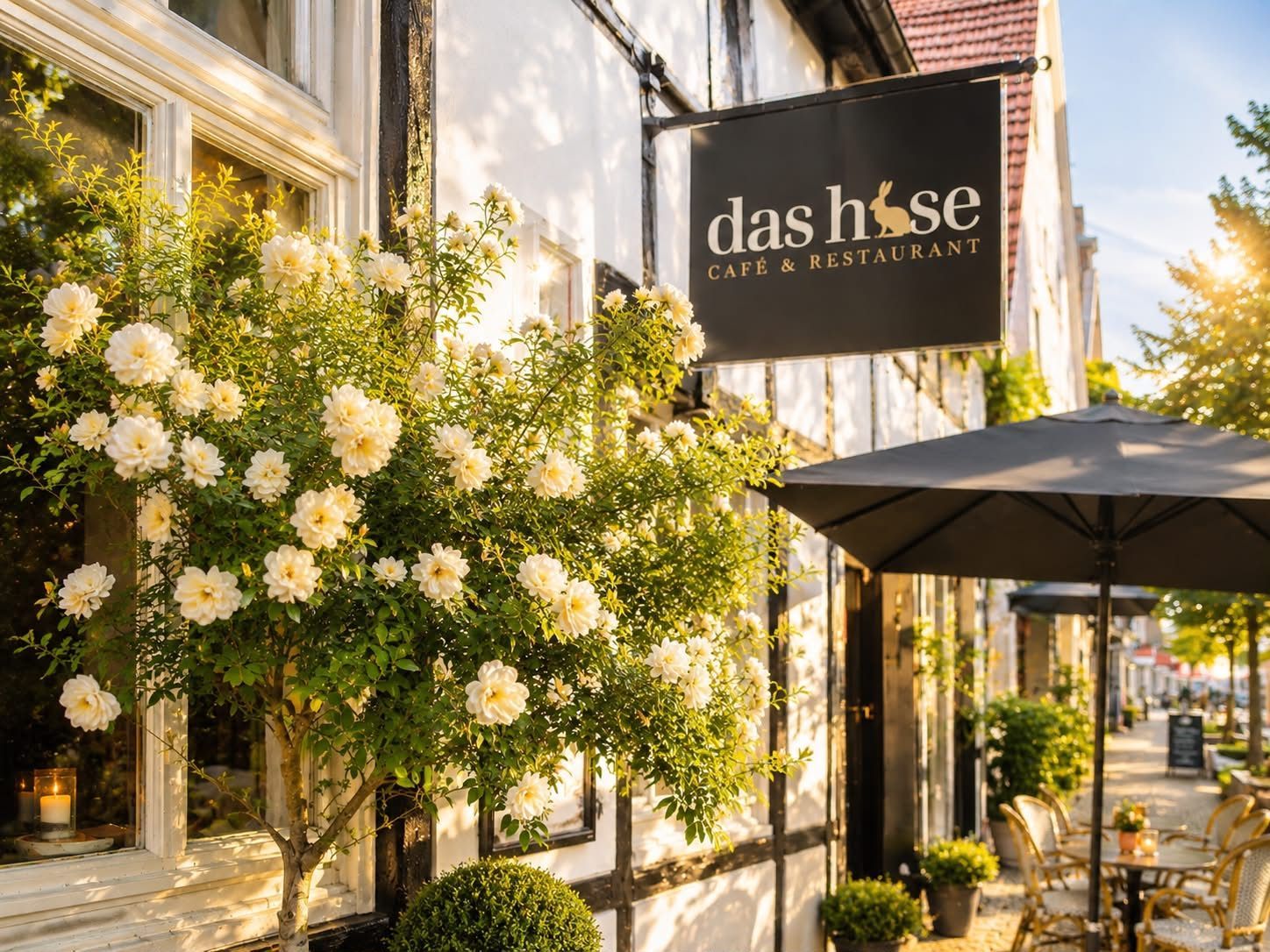Ein Straßencafé mit schwarzem Schild, weißen Blumen und Sonnenschirmen auf einem sonnigen Bürgersteig.