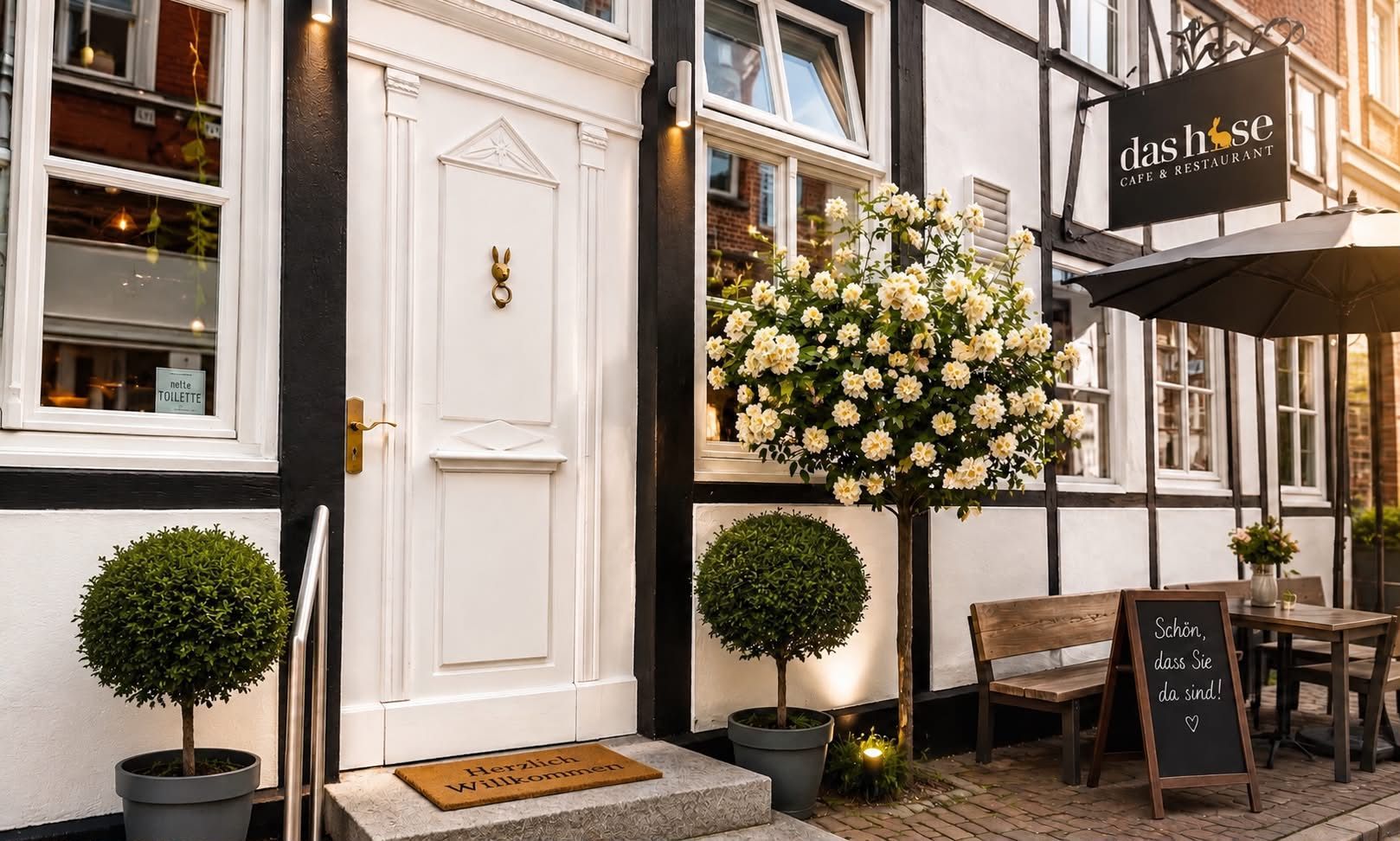 Charmante weiße Ladenfront mit schwarzem Zierrand, Blumen und Außengastronomie auf einer Kopfsteinpflasterstraße