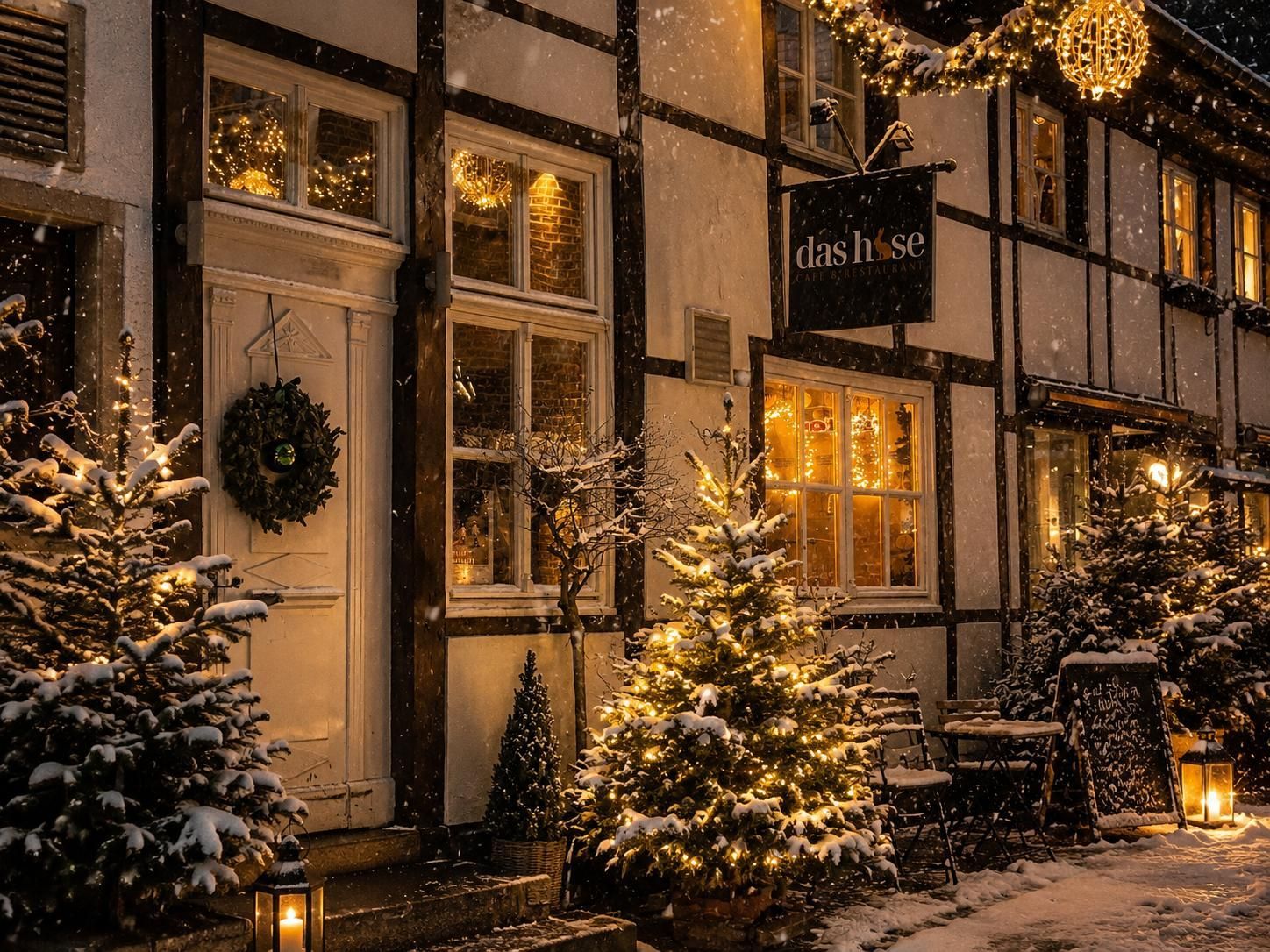 Verschneite Schaufenster, die in warmem Licht erstrahlen, und geschmückte Weihnachtsbäume bei Nacht
