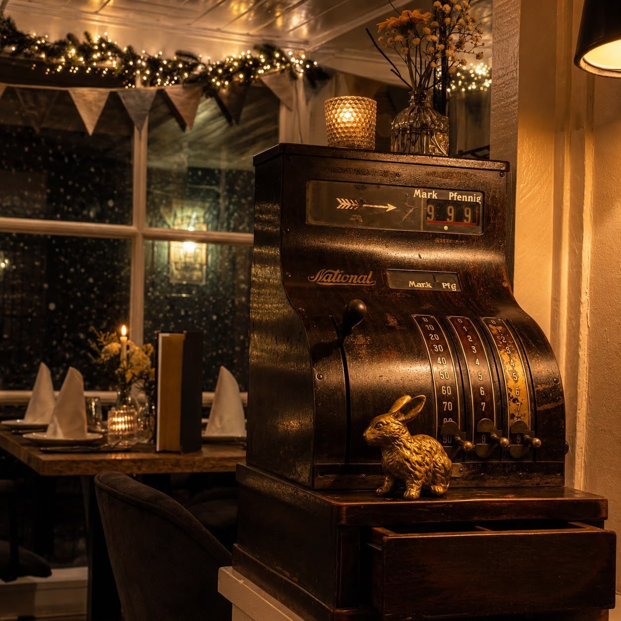 Gemütliches, kerzenbeleuchtetes Café-Interieur mit einer dekorativen Espressomaschine im Vintage-Stil auf der Theke.