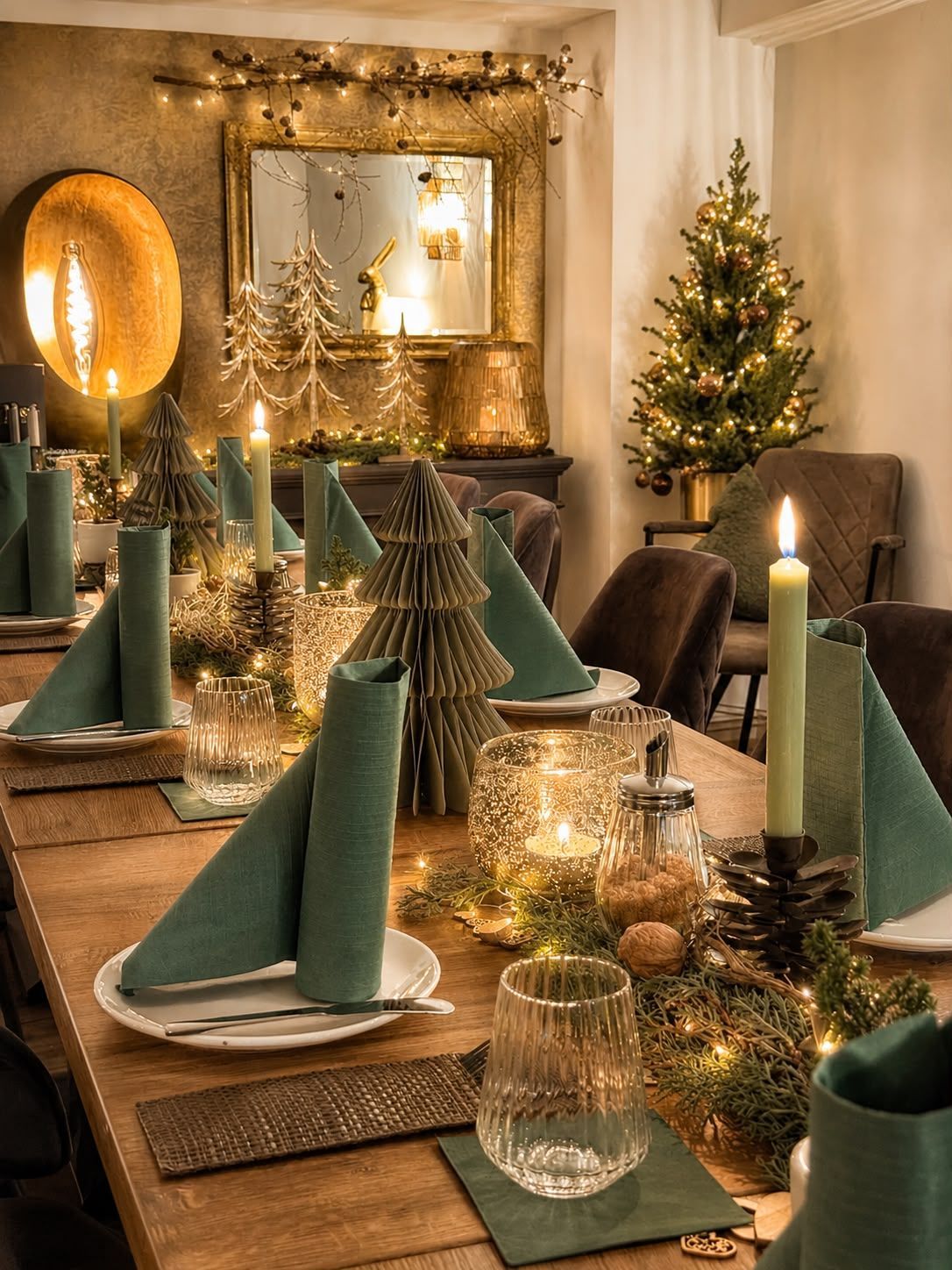 Festlich gedeckter Essbereich für das Weihnachtsessen mit Kerzen, grünen Servietten und einem geschmückten Baum