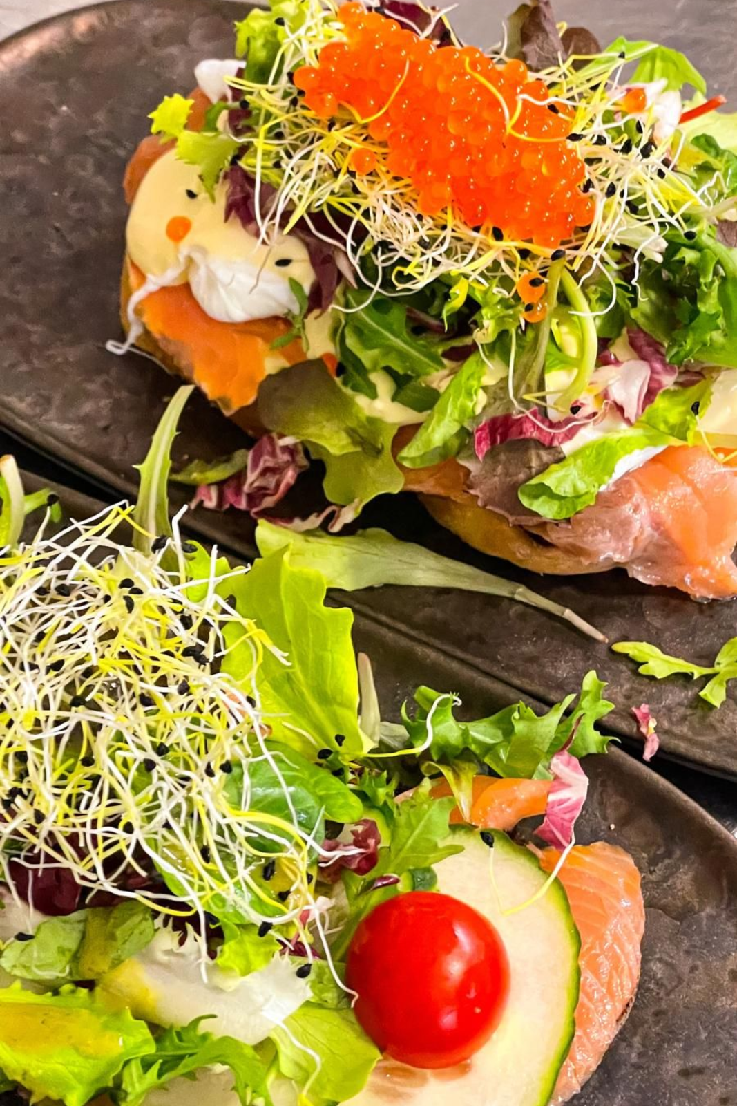 Offene Räucherlachs-Sandwiches mit Gemüse, Sprossen und Kirschtomaten auf dunklen Tellern