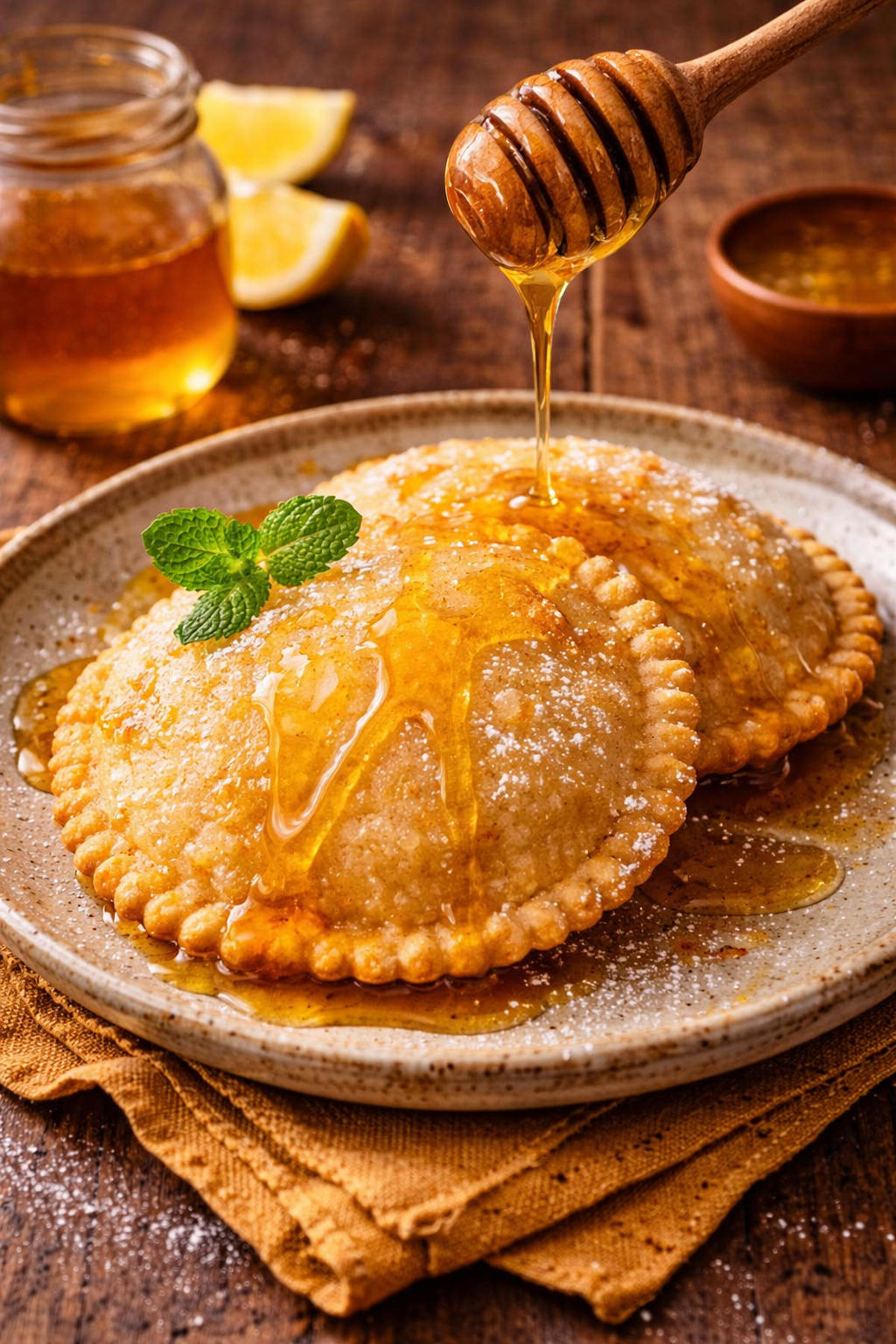 traditional sardinian seadas dessert with honey and cheese fried pastry