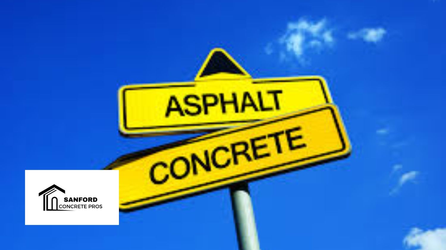 A yellow sign that says asphalt and concrete on it.