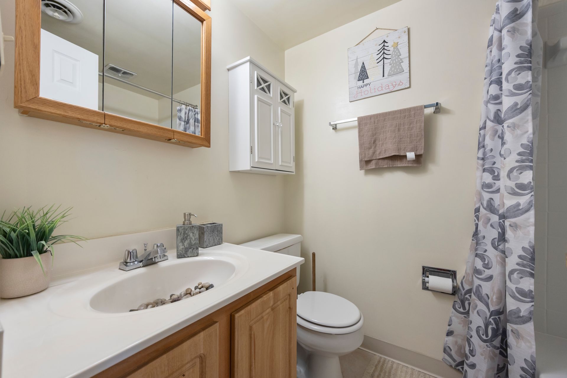 A bathroom with a toilet , sink , mirror and shower curtain.