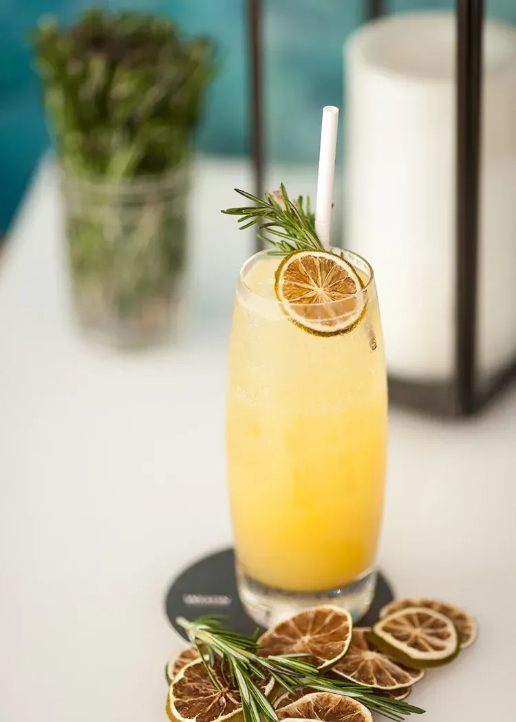 Tall yellow cocktail with dried citrus and herbs.