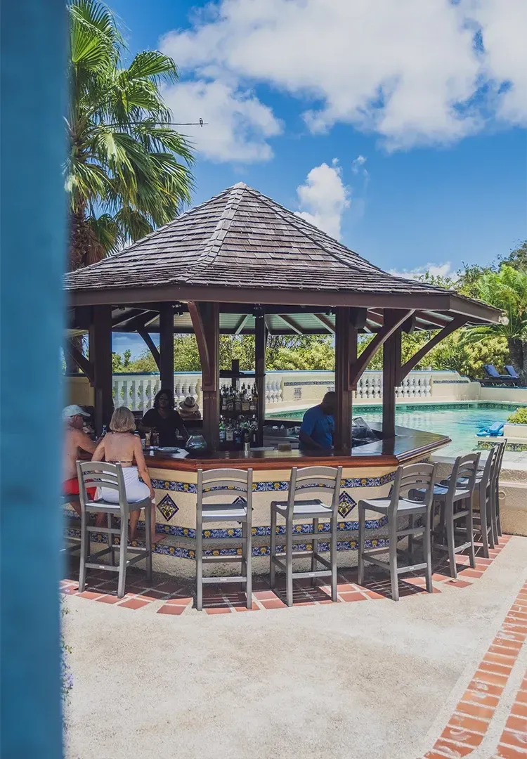 Outdoor bar with people, near a pool, under a wood-shingled roof, on a sunny day.