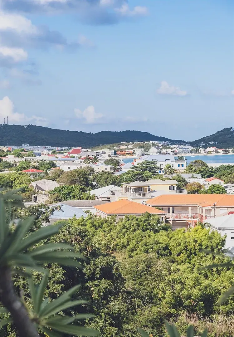 View of a coastal town with white and orange roofed buildings, green trees, and a blue sky.