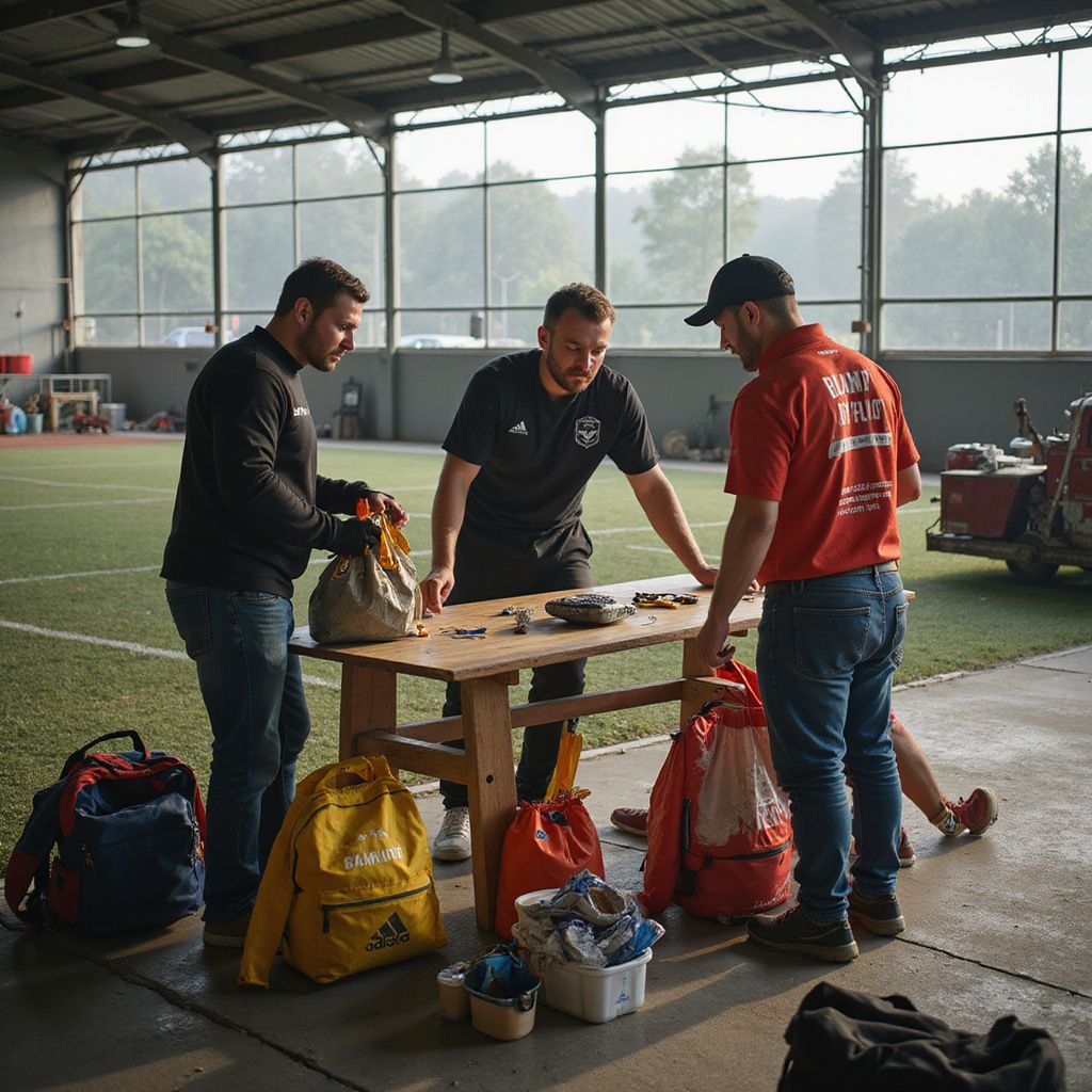 Drie mannen bekijken spullen op een tafel in een sportcentrum. Tassen en uitrusting liggen om hen heen op de grond.