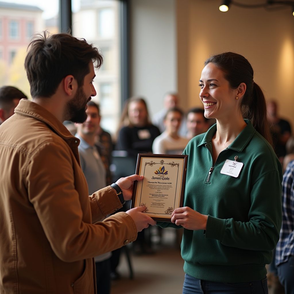 Een man overhandigt een certificaat aan een lachende vrouw in een zaal vol mensen.