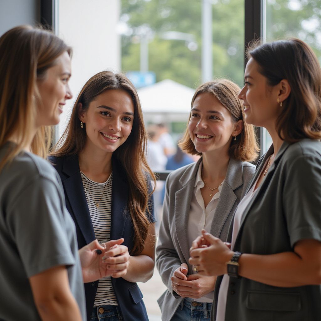 Vier vrouwen in zakelijke kleding staan bij een groot raam te praten, glimlachend en elkaar aankijkend.