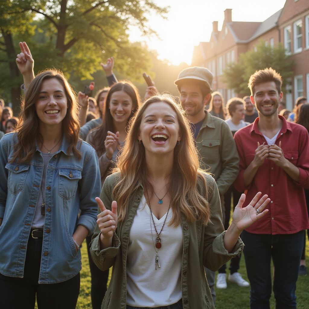 Een groep mensen staat buiten te lachen, hun handen op te steken en te juichen, met de zon op de achtergrond.