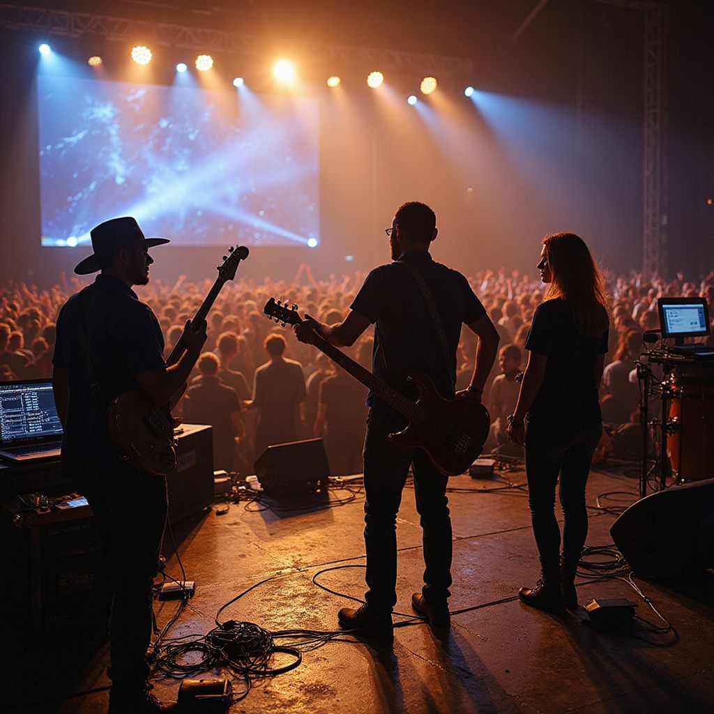 Band treedt op voor een publiek onder de podiumverlichting.