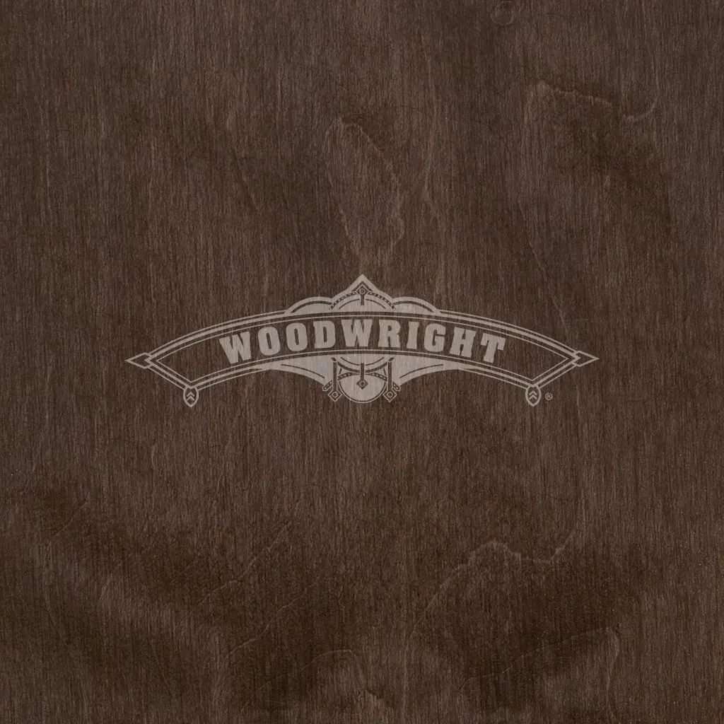 Woodwright logo on brown wood grain background.