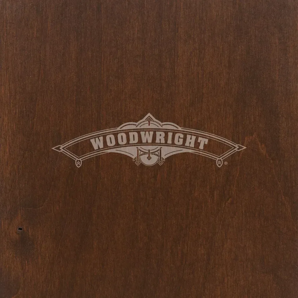 Woodwright logo on brown wood grain background.