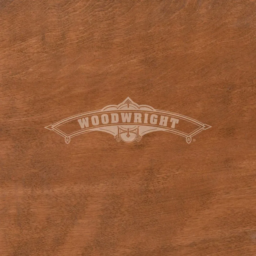 Woodwright logo on a woodgrain background.
