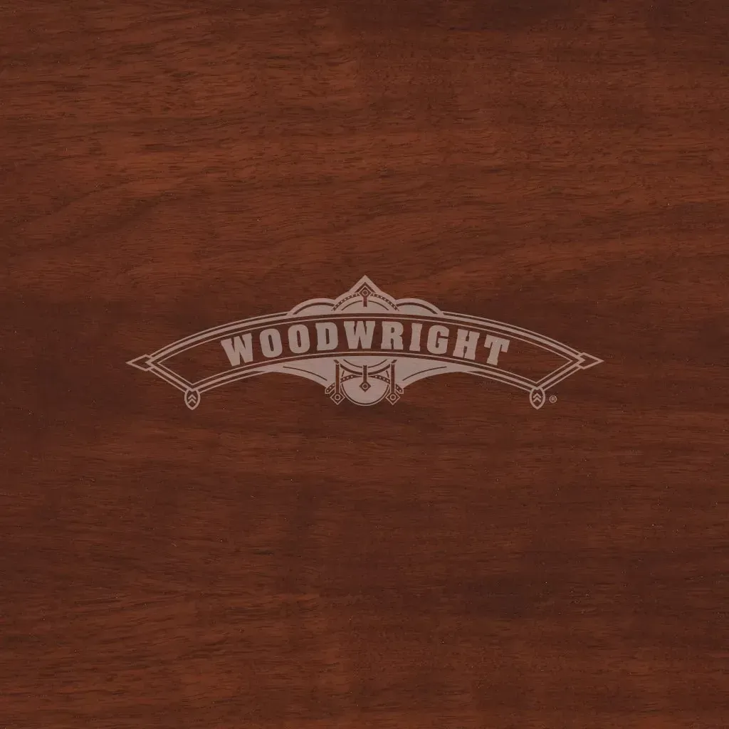 Woodwright logo on a dark wood grain background.