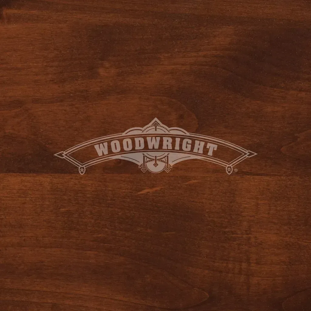 Woodwright logo on a dark wood grain background.