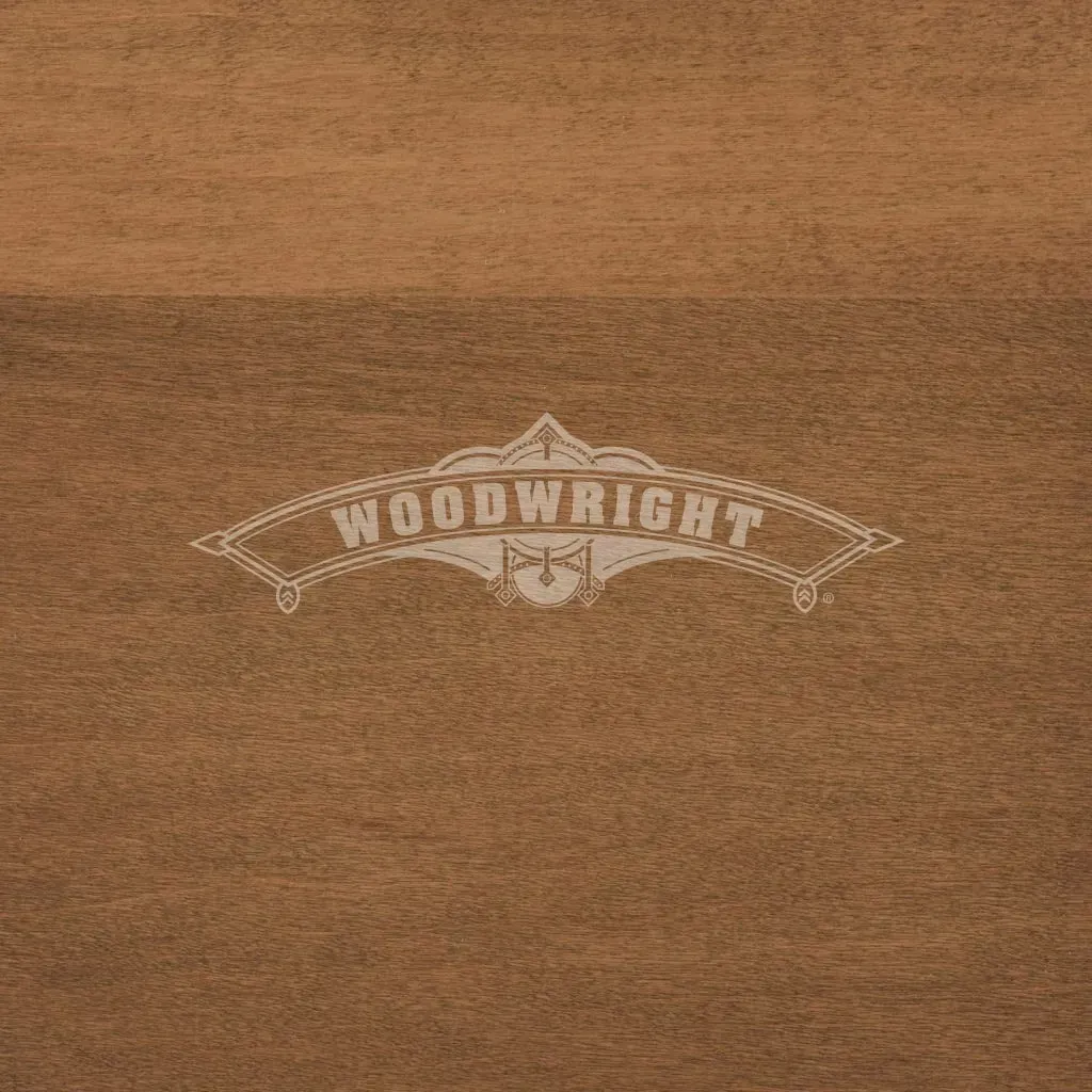 Woodwright logo on a woodgrain background. The logo reads 